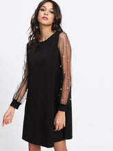 Pearl Beading Mesh Sleeve Dress